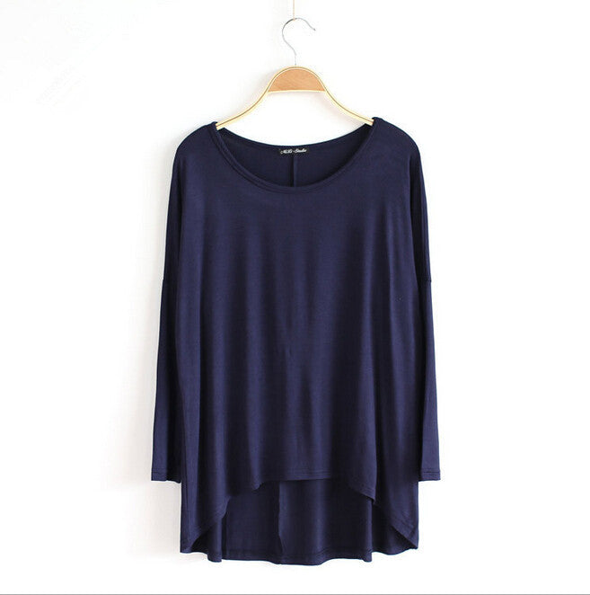 Celebrity Style Slouchy Coloured Full Sleeve Oversized Uneven Hem Long Top T-shirtModal T-Shirts Tees