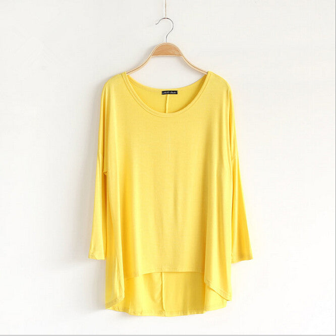 Celebrity Style Slouchy Coloured Full Sleeve Oversized Uneven Hem Long Top T-shirtModal T-Shirts Tees