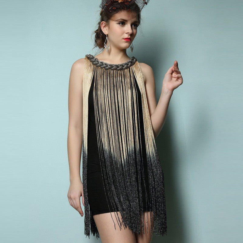 Online discount shop Australia - Draping Costume Metal Halter-neck Gradient Tassel Dresses Women Clothing 1920s Flapper Swing Fringe Mini Vestido