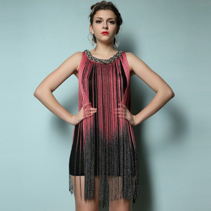 Online discount shop Australia - Draping Costume Metal Halter-neck Gradient Tassel Dresses Women Clothing 1920s Flapper Swing Fringe Mini Vestido