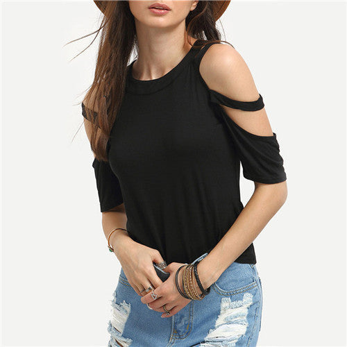 Online discount shop Australia - Ladder-Cutout Shoulder Tee Shirt Fashion Women Tops   Woman T shirts Round Neck Casual Black Crop T-Shirt