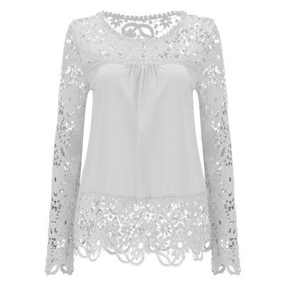 Plus Size 7XL Shirt Chiffon Blouse Hollow Lace Splice Women Tops Long Sleeve Shirt Women Casual Women Tops