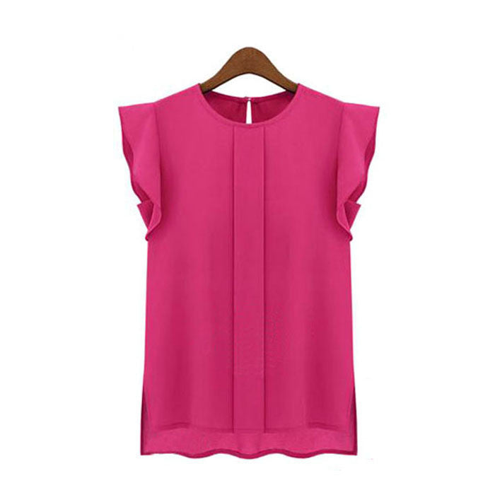 Womens Short Sleeve Chiffon O-neck Ruffled Pleated Sleeve Chiffon Shirt Top Women's Tee Tops