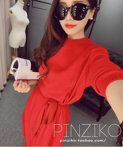 Online discount shop Australia - Korean Women New Measuring Waist Tie Down Knit Primer Sweater Dress