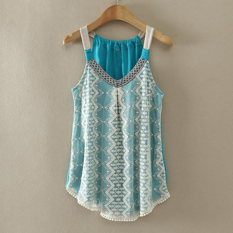 Women Tank top lace tops Crochet tassel shirt woman Vest lace Peacock Stripe Vest