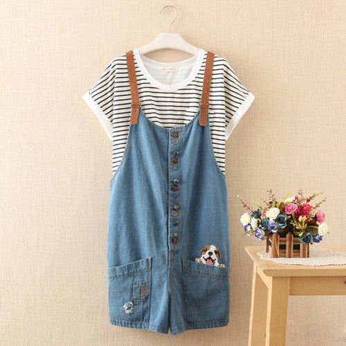 Online discount shop Australia - funny female cats embroidery pattern denim jeans overalls women suspenders wide leg Bib boots short jumpsuit
