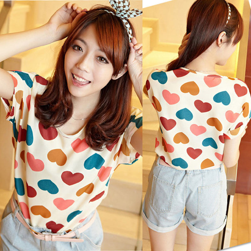 Online discount shop Australia - Chiffon T-Shirts Ladies Loose Short Sleeve Shirts Striped Heart Lip Tops Batwing Sleeve Sexy