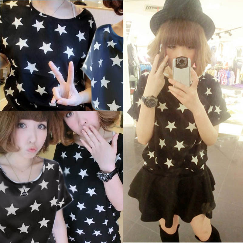 Online discount shop Australia - Chiffon T-Shirts Ladies Loose Short Sleeve Shirts Striped Heart Lip Tops Batwing Sleeve Sexy