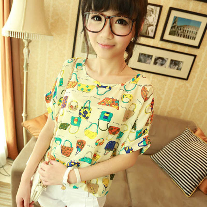 Online discount shop Australia - Chiffon T-Shirts Ladies Loose Short Sleeve Shirts Striped Heart Lip Tops Batwing Sleeve Sexy