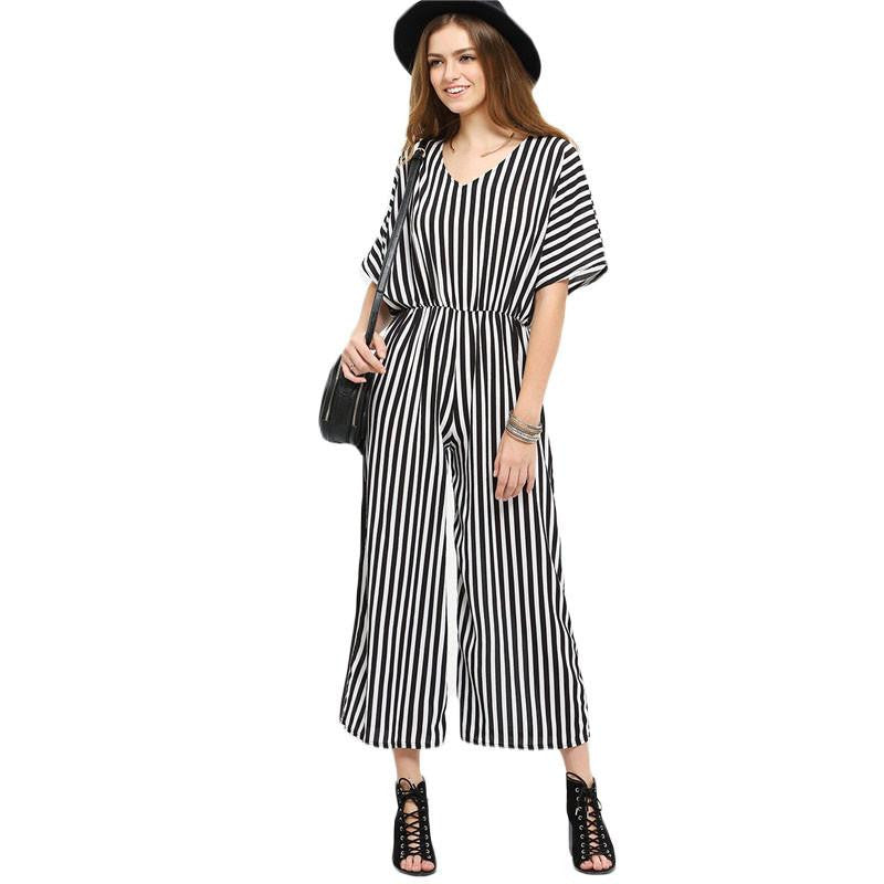 Work Surplice Back Vertical Striped Jumpsuit Women Hollow Out Half Sleeve V Neck Jumpsuits