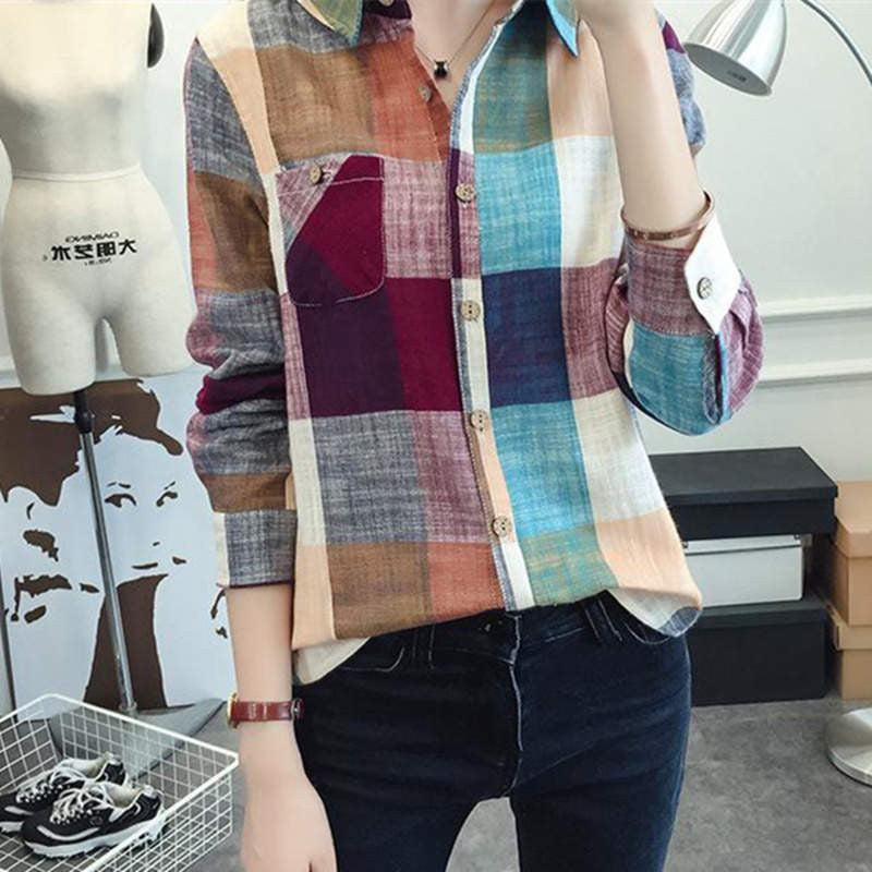 Online discount shop Australia - Ladies Female Casual Cotton Long Sleeve Plaid Shirt Women Slim Outerwear Blouse Tops Size