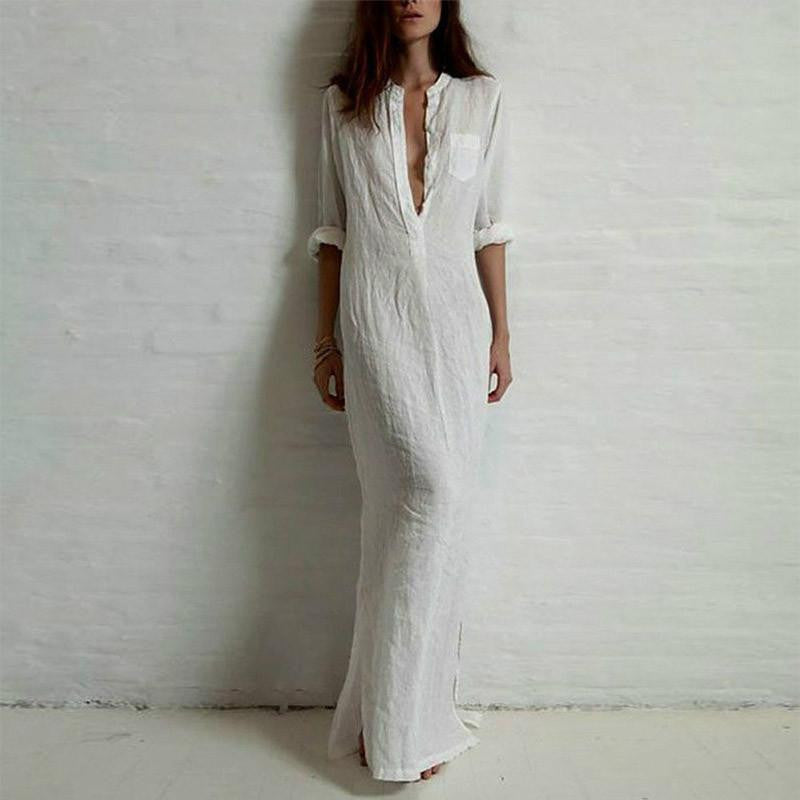 Zanzea Fashion Vestidos Autumn Women Casual Dress Long Sleeve Deep V Neck Linen Split Solid Long Maxi Dress Plus Size