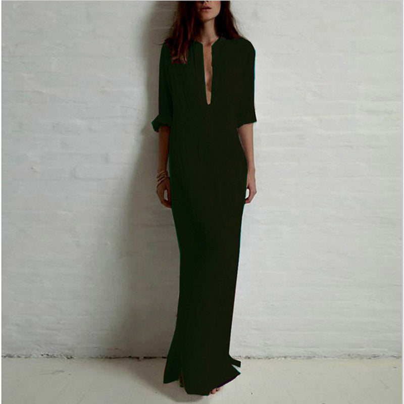 Zanzea Fashion Vestidos Autumn Women Casual Dress Long Sleeve Deep V Neck Linen Split Solid Long Maxi Dress Plus Size
