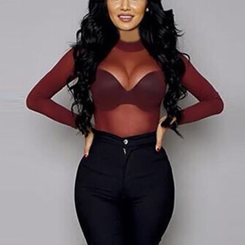 Women Top See Through Transparent Mesh Tee Long Sleeve T Shirt Slim Tops Tee