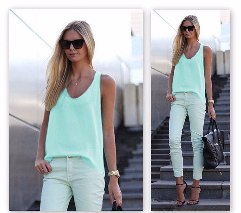 Online discount shop Australia - Fashion Spagetti Strap Vest Tank Top Sexy Womens Chiffon Sleeveless t-shirts Plus Size Camis T Shirt LJ3943E