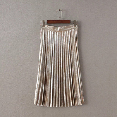 Online discount shop Australia - Girls Casual Vintage Mid-long Pleated Newest Gold/Silver Metal Shiny Skirts Women Trend Metallic Bronzing