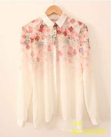 Fashion Women Chiffon Blouses Women Flower Print Lapel Casual Chiffon Long Sleeved Shirts Women Tops