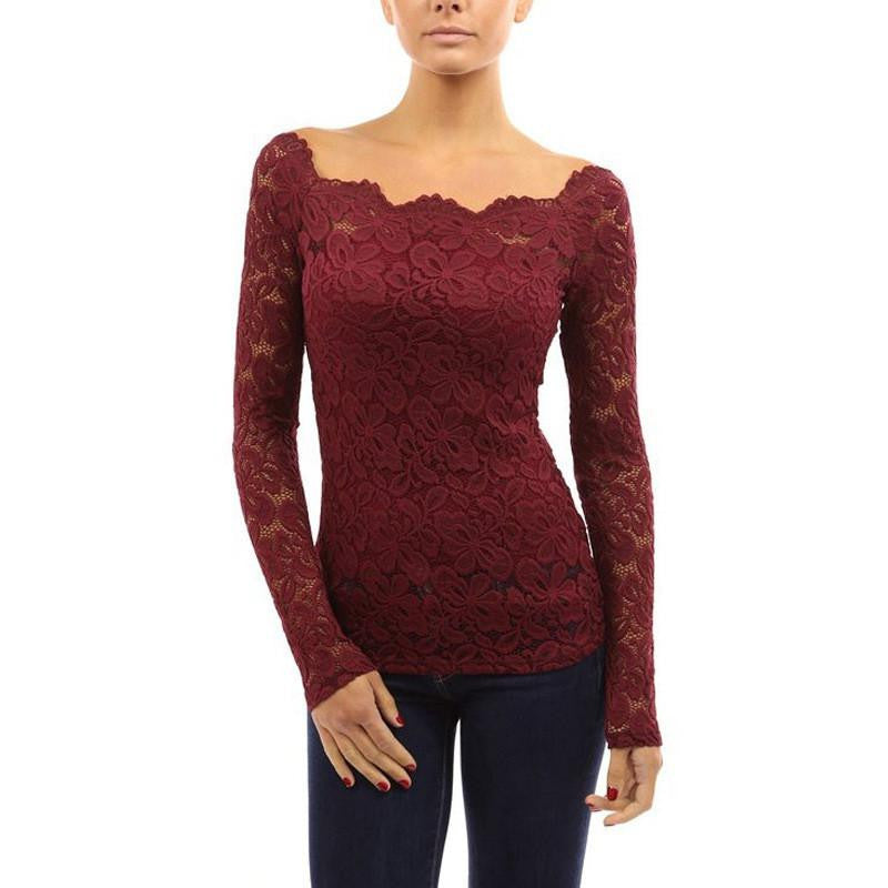 Lace Blouse Women Off Shoulder Slash Neck Crochet Solid Shirts Long Sleeve Slim Casual Tops Plus Size