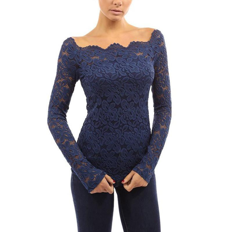 Lace Blouse Women Off Shoulder Slash Neck Crochet Solid Shirts Long Sleeve Slim Casual Tops Plus Size