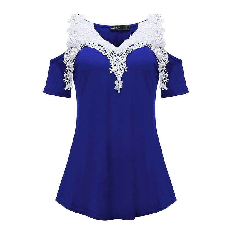 Online discount shop Australia - Lace Patchwork Blouse Women Casual Cotton Sexy Off Shoulder V Neck Shirt Ladies Long Sleeve Plus Size Tee Top