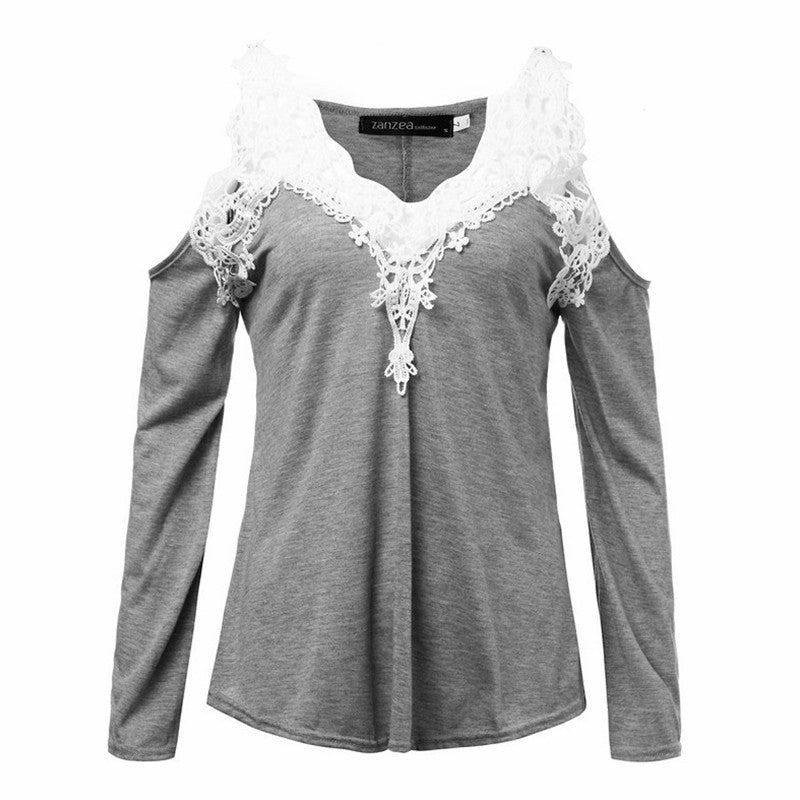 Online discount shop Australia - Lace Patchwork Blouse Women Casual Cotton Sexy Off Shoulder V Neck Shirt Ladies Long Sleeve Plus Size Tee Top