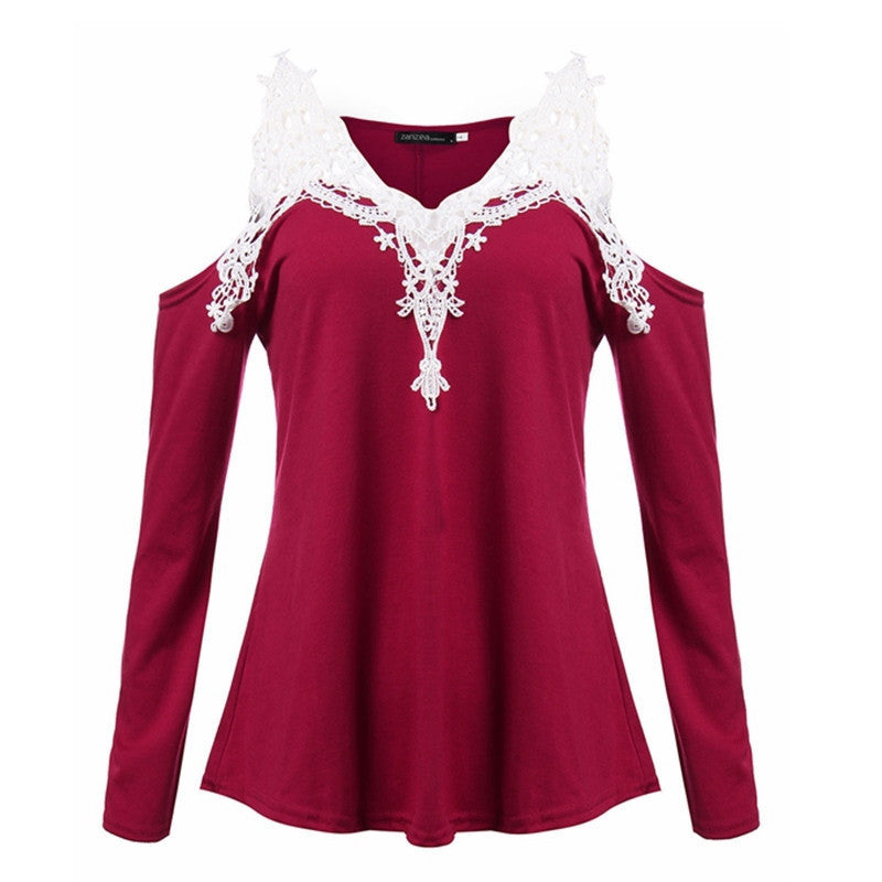 Online discount shop Australia - Lace Patchwork Blouse Women Casual Cotton Sexy Off Shoulder V Neck Shirt Ladies Long Sleeve Plus Size Tee Top