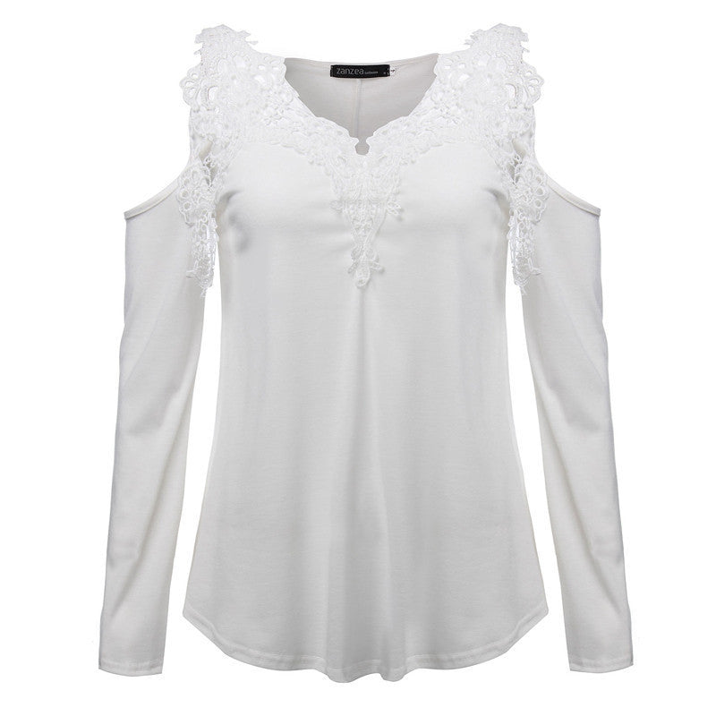 Online discount shop Australia - Lace Patchwork Blouse Women Casual Cotton Sexy Off Shoulder V Neck Shirt Ladies Long Sleeve Plus Size Tee Top