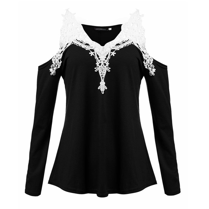 Online discount shop Australia - Lace Patchwork Blouse Women Casual Cotton Sexy Off Shoulder V Neck Shirt Ladies Long Sleeve Plus Size Tee Top