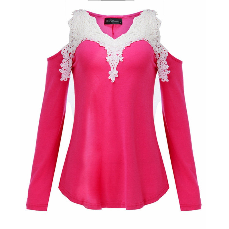 Online discount shop Australia - Lace Patchwork Blouse Women Casual Cotton Sexy Off Shoulder V Neck Shirt Ladies Long Sleeve Plus Size Tee Top