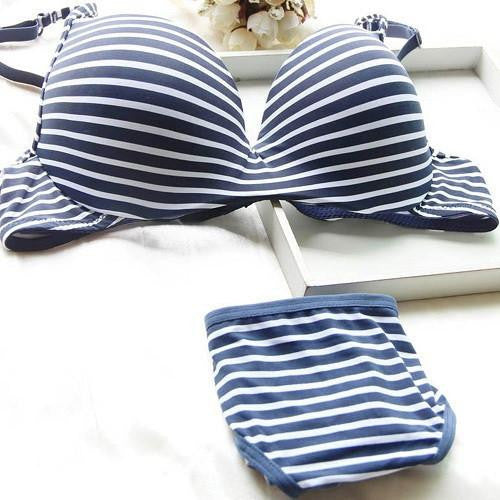 Women Girl Striped Push Up Underwear 2 pcs Set Underwire Bra lingerie 32-36B