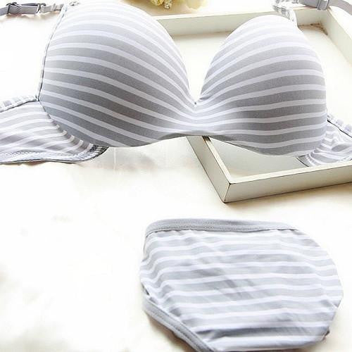Women Girl Striped Push Up Underwear 2 pcs Set Underwire Bra lingerie 32-36B