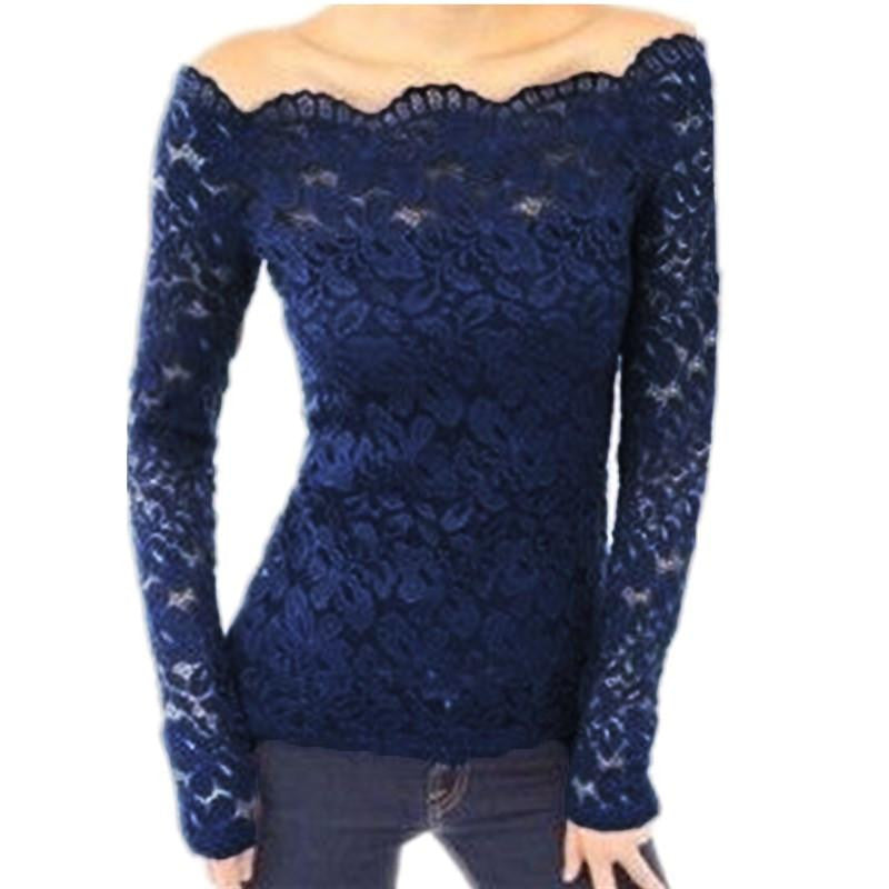 Women Off Shoulder Slash Neck Lace Solid Shirts Long Sleeve Slim Casual Tops Blouse Plus Size