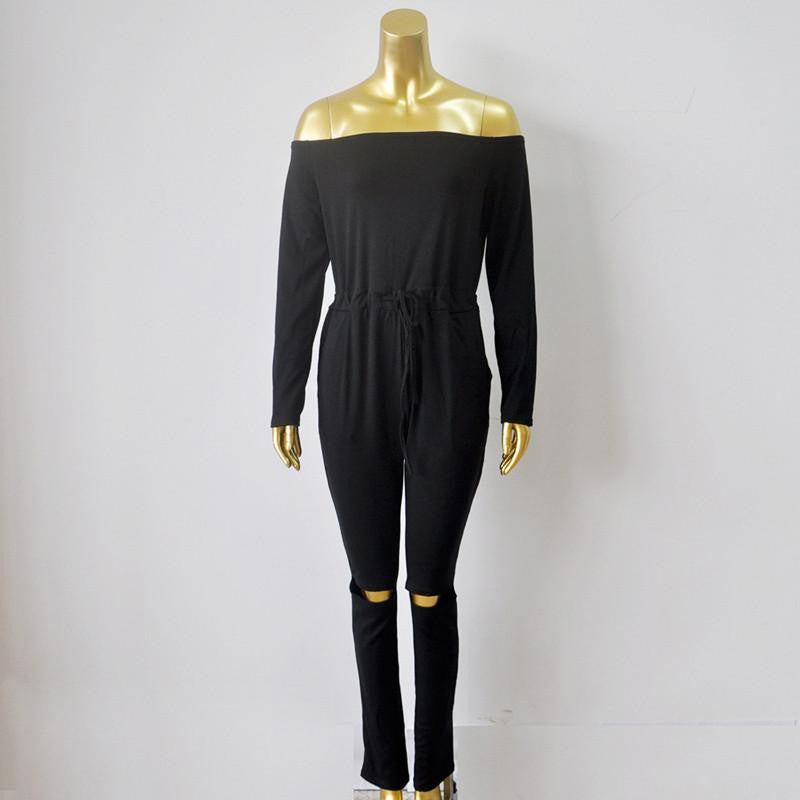 Women Long Sleeve Slash Neck Black Bodycon Elegant Jumpsuit Hollow Out Long Rompers Casual Playsit Overalls