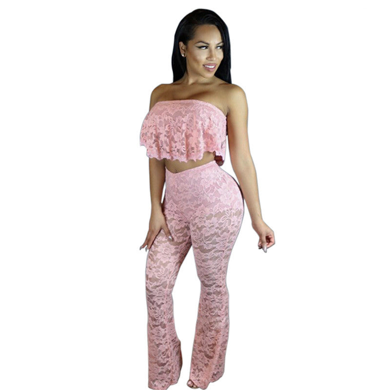 Lace Bodysuit Women Transparent Mesh Embroidery Bodysuit crop top Jumpsuit Club two pieces jumpsuit