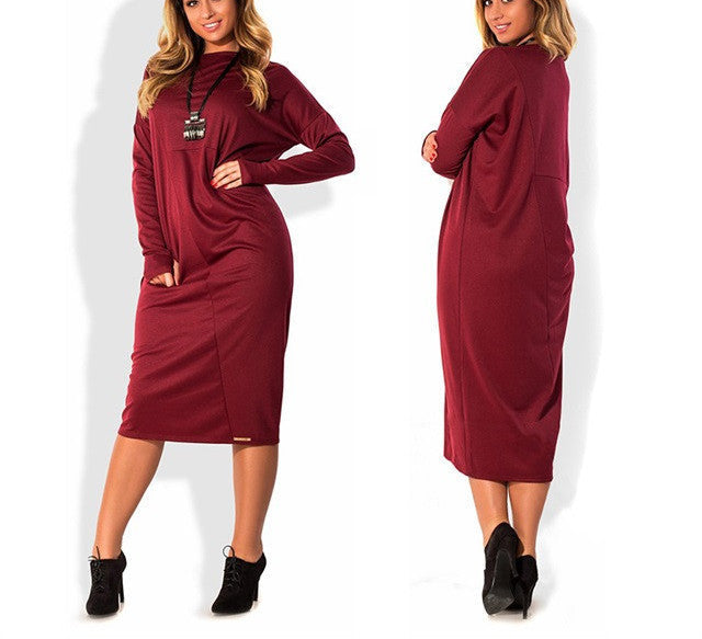 Online discount shop Australia - fashionable plus size casual women dress autumn winter solid Knee-Length Dresses big sizes women Long sleeve loose dress