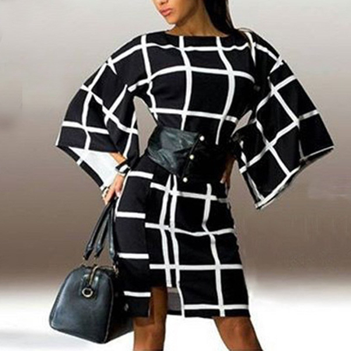 Online discount shop Australia - New Arrival Fashion Flare Sleeve Plaid Print Loose Dress Sexy Women Elegant O Neck Knee Length Autumn Vestidos Dresses