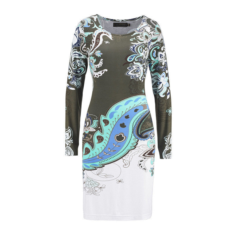 Online discount shop Australia - Fashion Women Flower Natural Simple Printing Cloth O-Neck Mid-Calf Chiffon Dress 1181