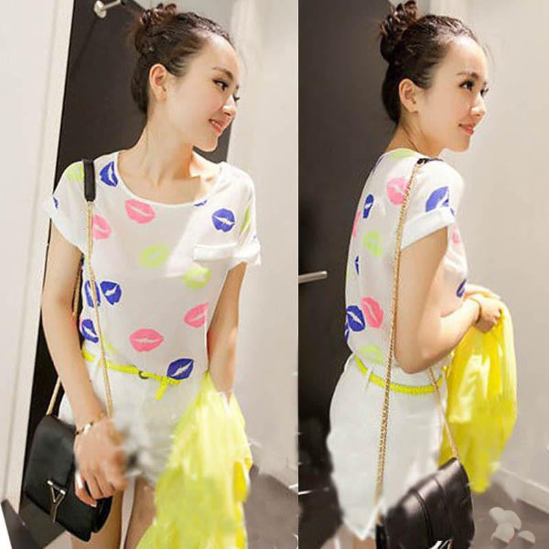 Women Chiffon Loose Short Sleeve T Shirts Tops Striped Heart Lip