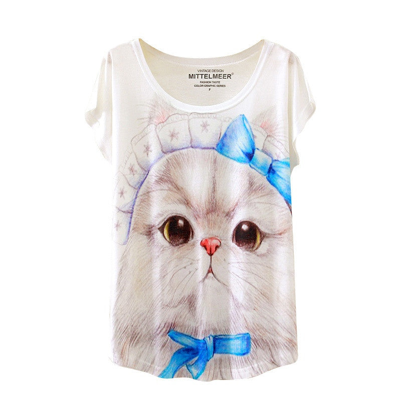 Online discount shop Australia - Brand New Fashion  Animal Cat Print Shirt O-Neck Short Sleeve T Shirt Women Tops White T-shirt