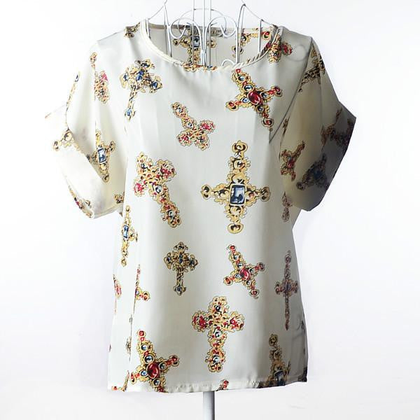 Womens Bird Print Heart Design Geometric Polka Dot Cute Loose Chiffon Short Sleeve Top