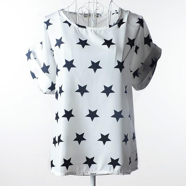 Womens Bird Print Heart Design Geometric Polka Dot Cute Loose Chiffon Short Sleeve Top