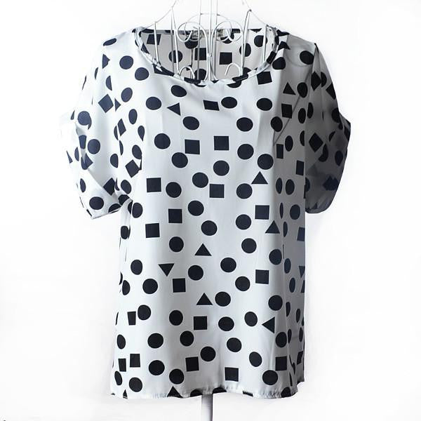 Womens Bird Print Heart Design Geometric Polka Dot Cute Loose Chiffon Short Sleeve Top