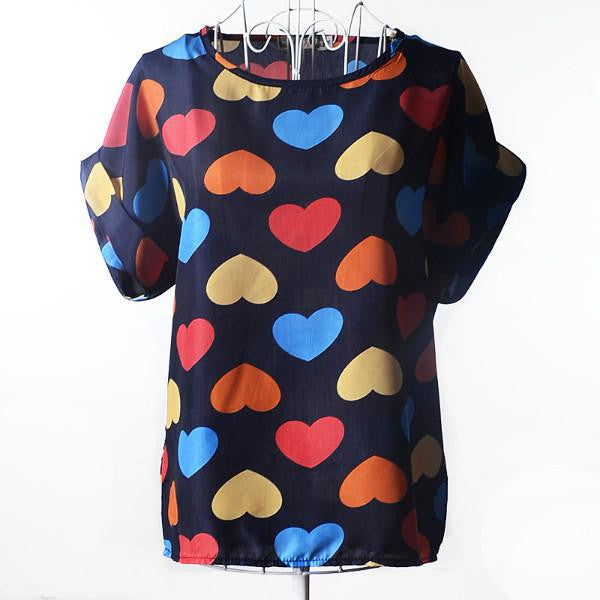 Womens Bird Print Heart Design Geometric Polka Dot Cute Loose Chiffon Short Sleeve Top