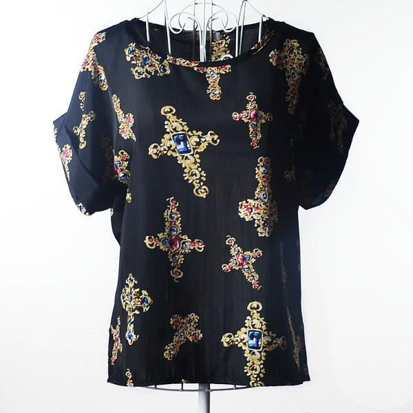 Womens Bird Print Heart Design Geometric Polka Dot Cute Loose Chiffon Short Sleeve Top