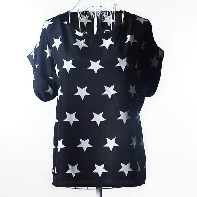 Womens Bird Print Heart Design Geometric Polka Dot Cute Loose Chiffon Short Sleeve Top