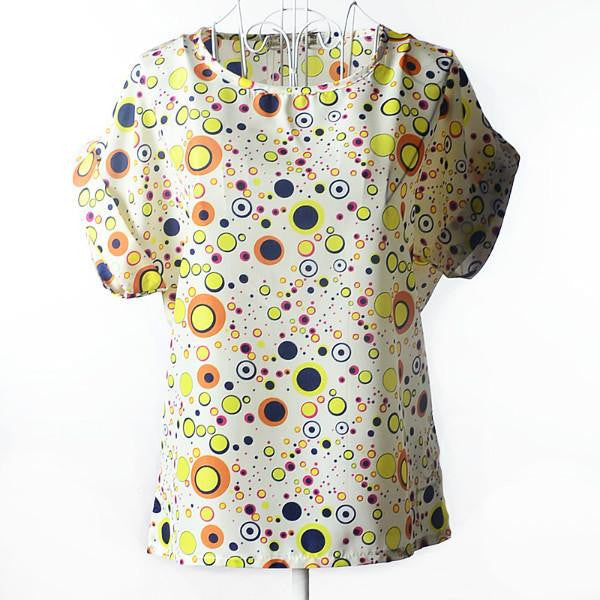 Womens Bird Print Heart Design Geometric Polka Dot Cute Loose Chiffon Short Sleeve Top