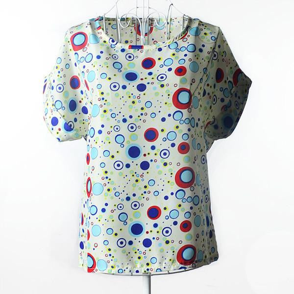 Womens Bird Print Heart Design Geometric Polka Dot Cute Loose Chiffon Short Sleeve Top