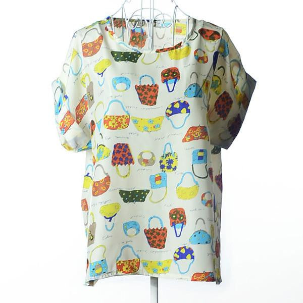 Womens Bird Print Heart Design Geometric Polka Dot Cute Loose Chiffon Short Sleeve Top