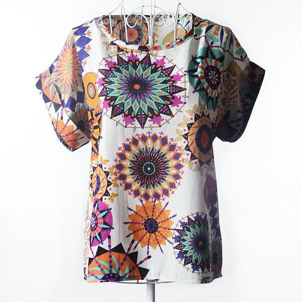 Womens Bird Print Heart Design Geometric Polka Dot Cute Loose Chiffon Short Sleeve Top