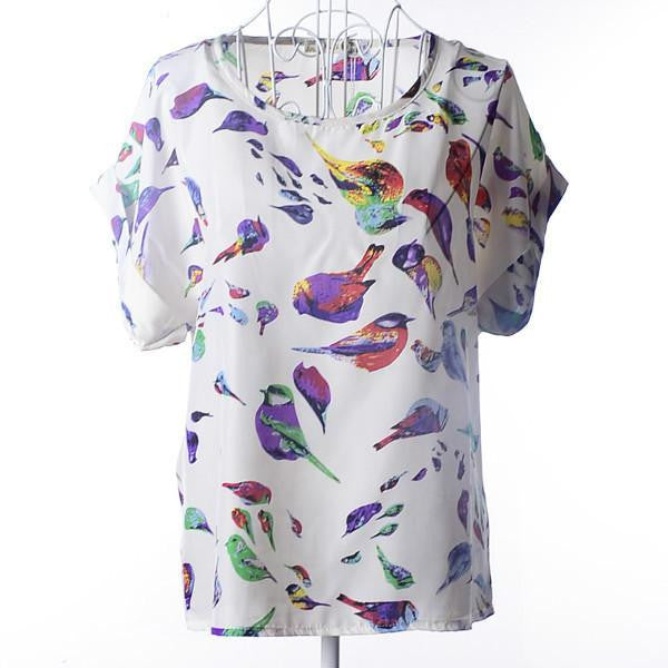 Womens Bird Print Heart Design Geometric Polka Dot Cute Loose Chiffon Short Sleeve Top